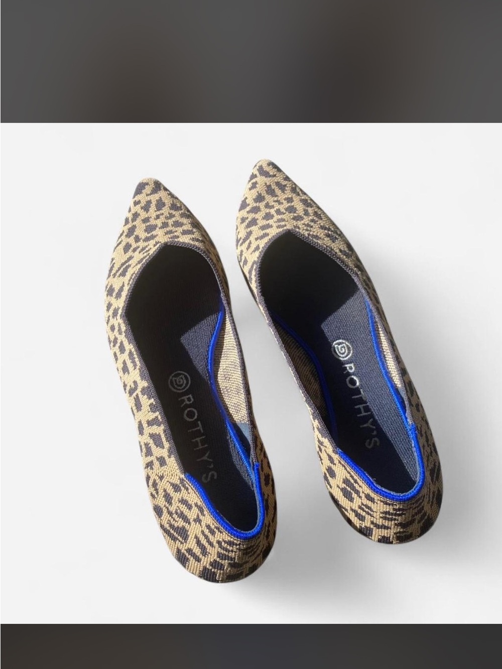 Rothy's Leopard-Print Pointed Flats in Tan and Black with Blue Trim